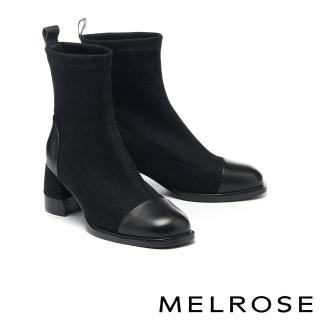 【MELROSE】美樂斯 率性時髦丹寧拼接牛皮方頭高跟短靴(黑)
