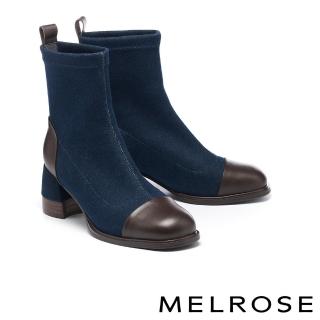 【MELROSE】美樂斯 率性時髦丹寧拼接牛皮方頭高跟短靴(藍)