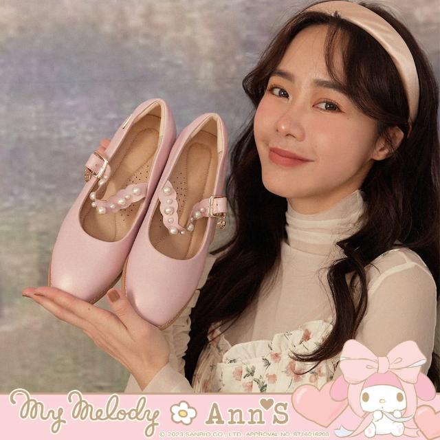 【Ann’S】My melody X Ann’S美樂蒂滾邊珍珠繫帶 瑪莉珍粗跟娃娃鞋4cm(粉)