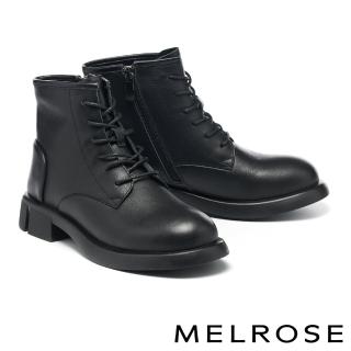 【MELROSE】美樂斯 率性街頭感純色綁帶牛皮厚底短靴(黑)