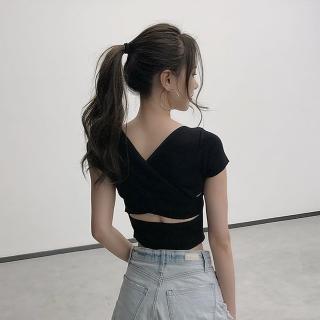 【D.studio】韓版夏季新款美背鏤空交叉V領針織上衣 t恤(短袖 女裝 素T 衣服 T179)