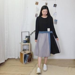 【Hana Mokuba】花木馬日系女裝不對稱面料拼接圓領休閒洋裝(連身裙)
