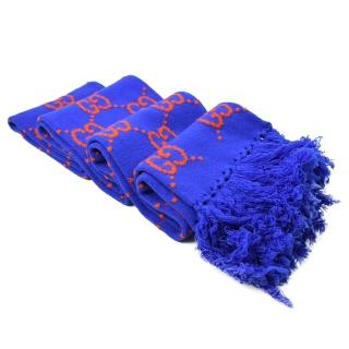 【GUCCI 古馳】經典雙G緹花LOGO針織純羊毛流蘇披肩長圍巾(藍)