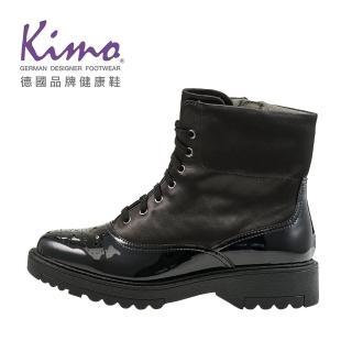 【Kimo】都市時尚帥氣簡約萊卡牛皮綁帶低跟短靴(黑色 KBCWF119033)
