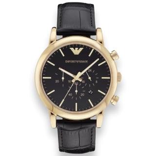 【EMPORIO ARMANI】AR1917 男生 手錶 皮革 金框黑底 計時 男款 不鏽鋼 男錶
