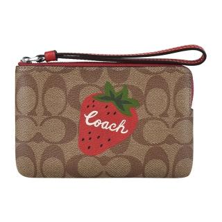 【COACH】COACH草寫LOGO野草莓花紋PVC拉鍊手拿包(卡其x電光紅)