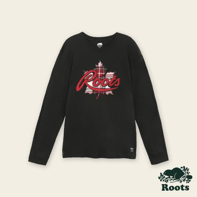 【Roots】Roots男裝-經典小木屋系列 格紋刺繡長袖T恤(黑色)