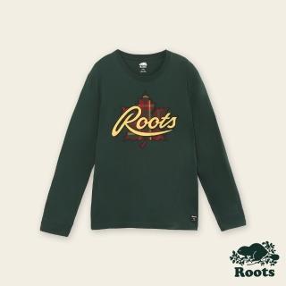 【Roots】Roots男裝-經典小木屋系列 格紋刺繡長袖T恤(深綠色)