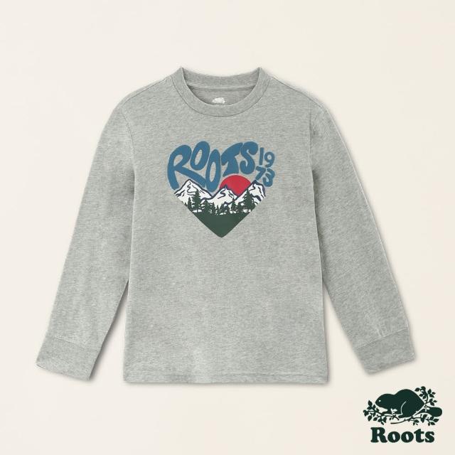 【Roots】Roots大童-經典小木屋系列 心型文字風景長袖T恤(灰色)