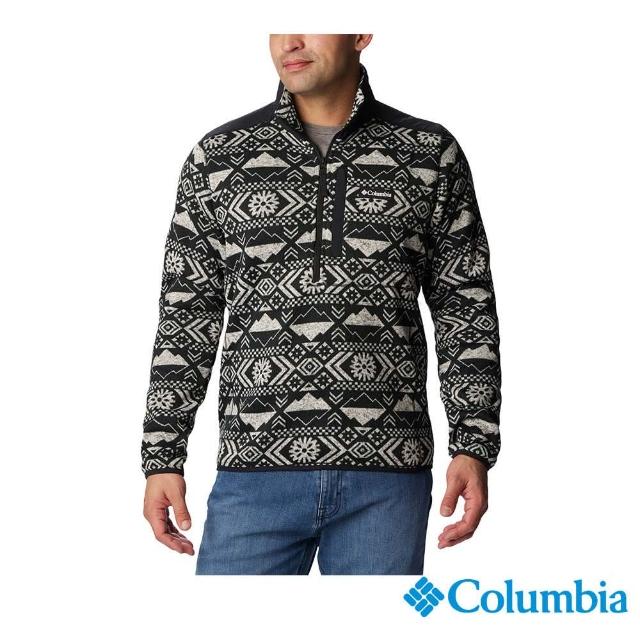 【Columbia 哥倫比亞 官方旗艦】男款-Sweater Weather半開襟刷毛上衣-黑色印花(UAE67530FD/HF)