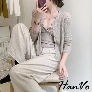 【HanVo】現貨 兩件式扭結針織長袖上衣(甜美氣質修身顯瘦套裝 韓系女裝 女生衣著 1953)