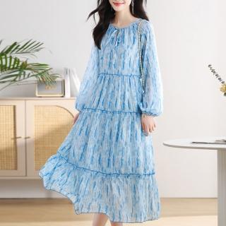 【FQ 時尚天后】漸層天空藍直條紋雪紡蛋糕裙洋裝(S-2XL)