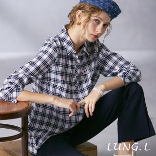 【LUNG.L 林佳樺】LN77A 藍白格紋長版七分袖女裝上衣
