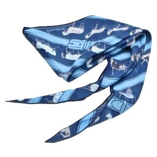 【Hermes 愛馬仕】經典駿馬線條圖騰純棉菱形披巾/圍巾(藍色H363281S-BLUE)