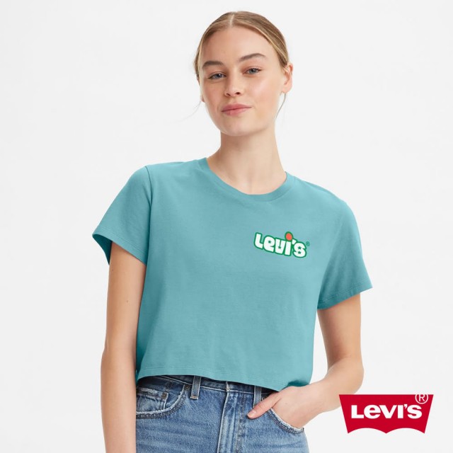 【LEVIS 官方旗艦】女款 短版T恤 / 90年復古Logo / 湖水綠 熱賣單品 A0785-0031