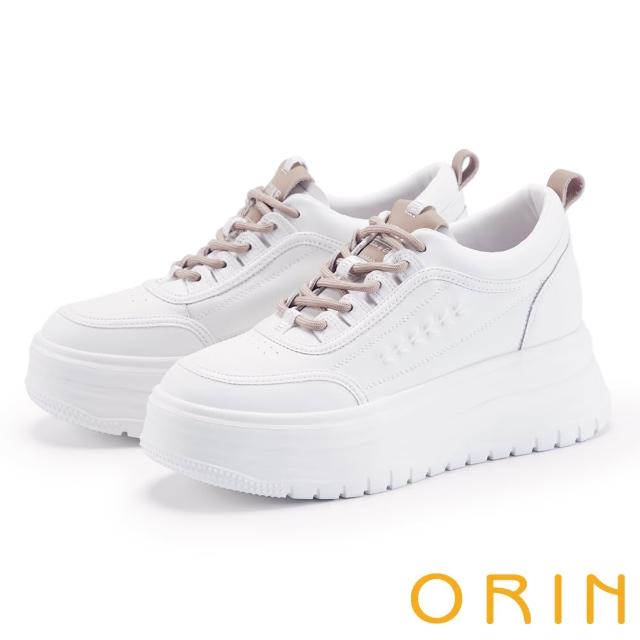 【ORIN】異材質拼接復古綁帶休閒鞋(白+棕鞋帶)