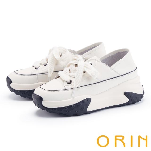 【ORIN】真皮拼接綁帶厚底休閒鞋(白色)