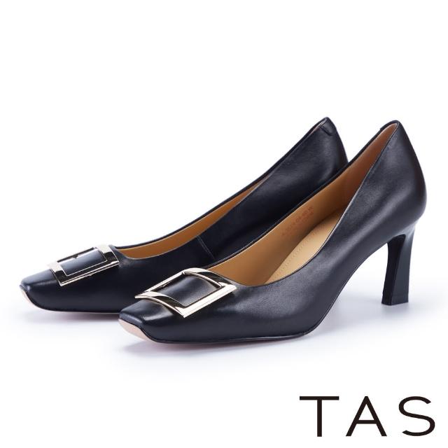 【TAS】金屬方釦羊皮方頭高跟鞋(黑色)