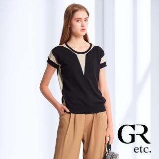 【GLORY21】品牌魅力款-etc.優雅雙色圓領短袖針織上衣(黑色)