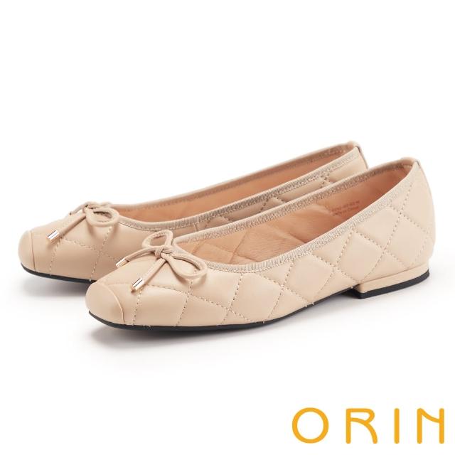 【ORIN】蝴蝶結菱格羊皮芭蕾舞鞋(杏色)
