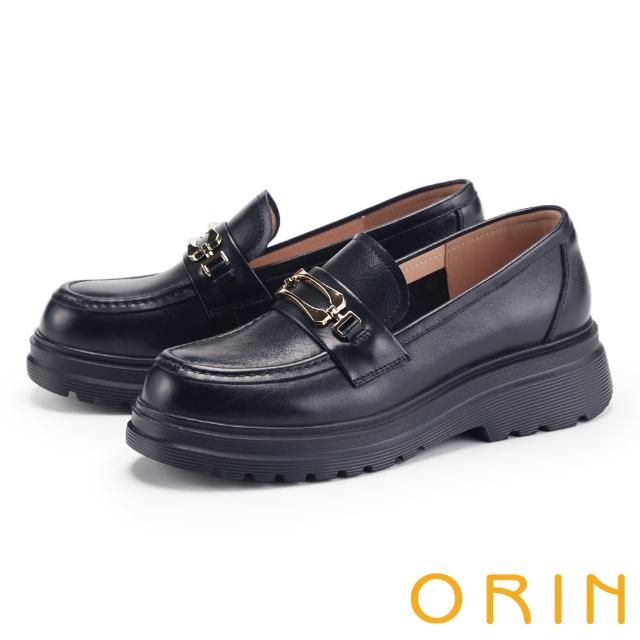 【ORIN】金屬方釦牛皮厚底樂福鞋(黑色)