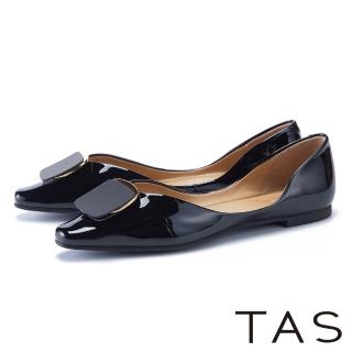 【TAS】側V牛漆皮方釦尖頭平底鞋(黑色)