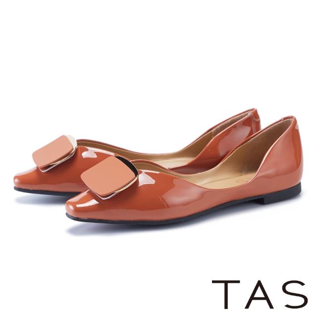 【TAS】側V牛漆皮方釦尖頭平底鞋(橘色)
