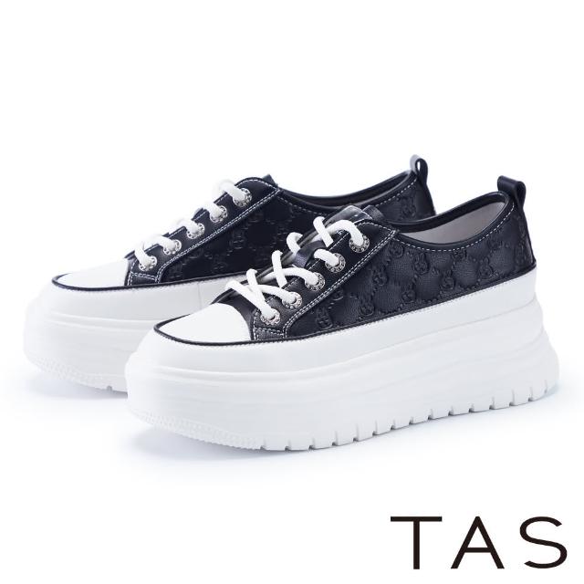 【TAS】可愛真皮壓紋綁帶厚底休閒鞋(黑色)