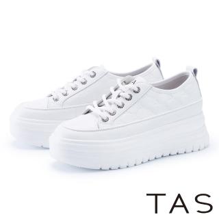 【TAS】可愛真皮壓紋綁帶厚底休閒鞋(白色)