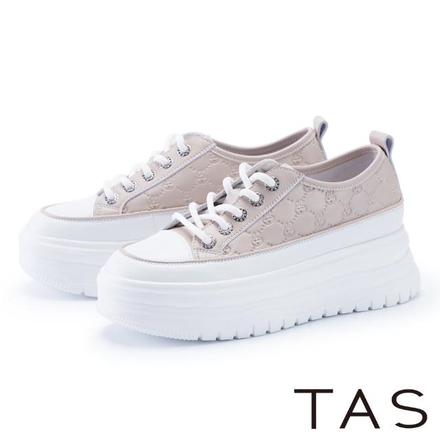 【TAS】可愛真皮壓紋綁帶厚底休閒鞋(粉色)