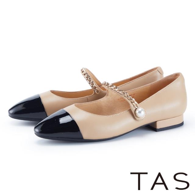 【TAS】珍珠鏈條真皮瑪麗珍尖頭平底鞋(杏色)