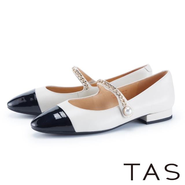 【TAS】珍珠鏈條真皮瑪麗珍尖頭平底鞋(米白)