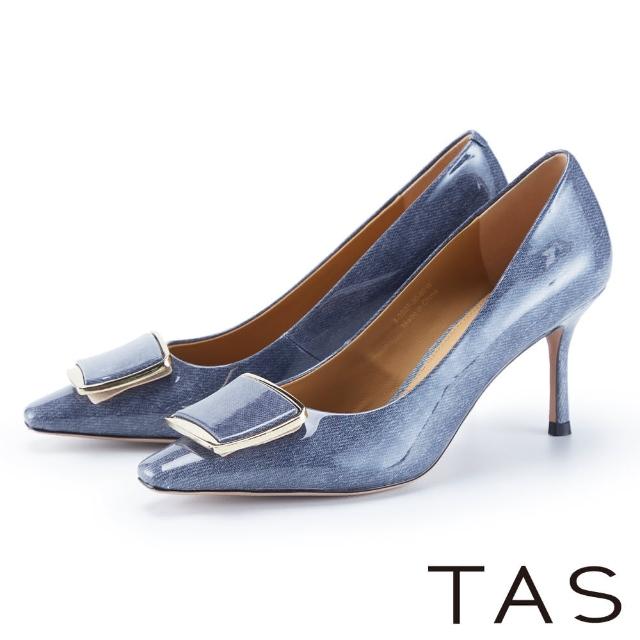 【TAS】名媛方釦真皮尖頭高跟鞋(藍色)