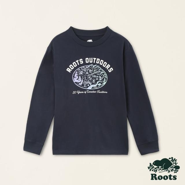 【Roots】Roots大童-經典小木屋系列 夜光彩繪長袖T恤(軍藍色)