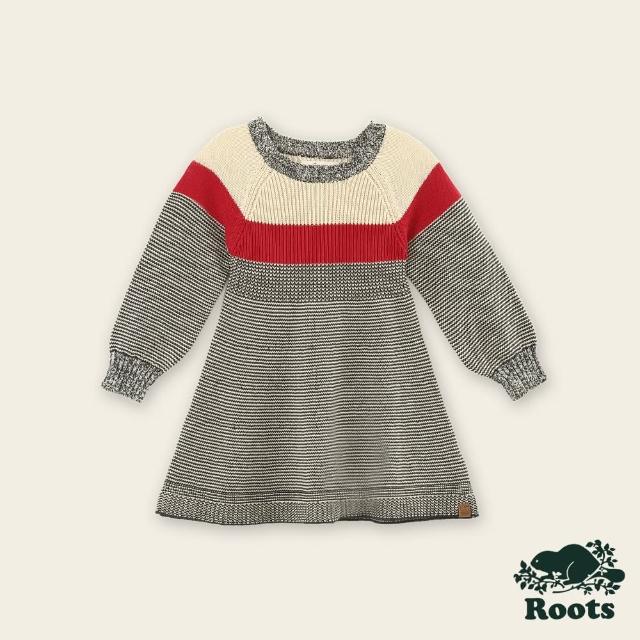 【Roots】Roots小童-經典小木屋系列 針織條紋圓領洋裝(灰色)