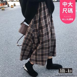 【JILLI-KO】韓風時尚百搭美拉德格子半身裙中大尺碼-F(咖)
