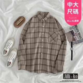 【JILLI-KO】復古學院風格子寬鬆外搭襯衫中大尺碼-F(黑/咖/卡)