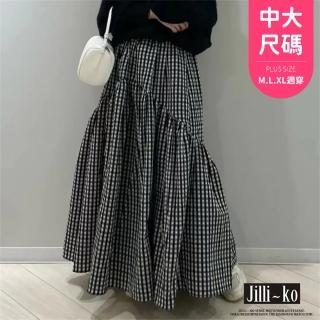 【JILLI-KO】日系設計高腰休閒百搭復古波浪抽褶魚尾裙中大尺碼-F(黑)