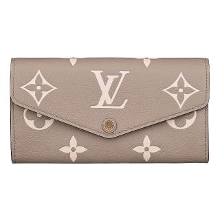 【Louis Vuitton 路易威登】M81049 Sarah Monogram壓花LOGO牛皮釦式16卡信封長夾(斑鳩灰x奶油)