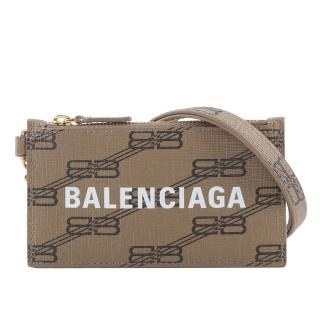 【Balenciaga 巴黎世家】BB Monogram 小款金釦卡片夾_附可拆式掛繩(米色/棕色)