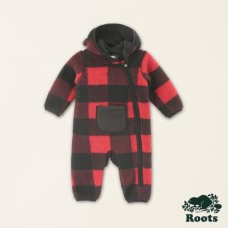 【Roots】Roots嬰兒-經典小木屋系列 橫條刷毛布連身褲(紅色)