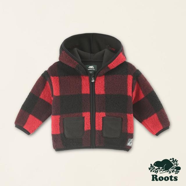 【Roots】Roots嬰兒-經典小木屋系列 橫條刷毛布大口袋連帽外套(紅色)