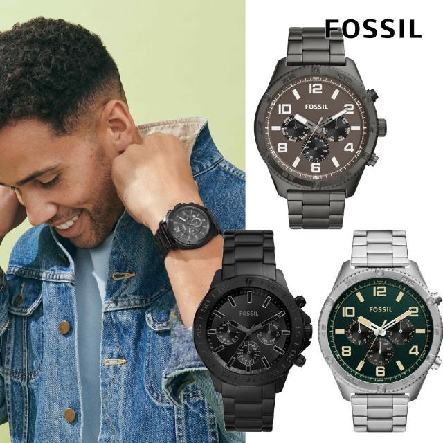 【FOSSIL 官方旗艦館】美式個性/復古三眼不鏽鋼鍊帶/皮革錶帶手錶