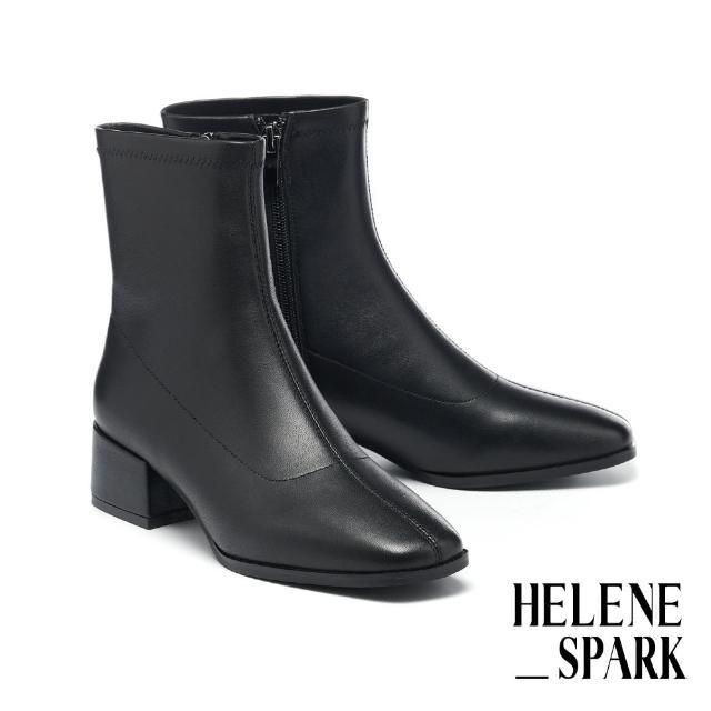 【HELENE_SPARK】極簡復古時尚羊皮方頭高跟短靴(黑)