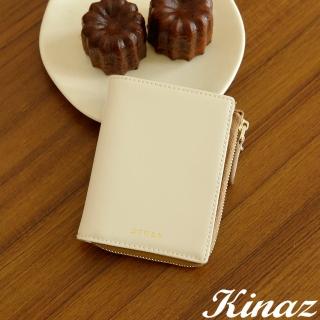 【KINAZ】牛皮L型拉鍊零錢袋直式對折短夾-乳酪杏-馬賽克系列