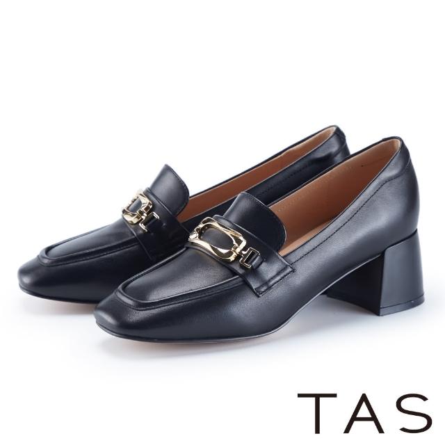【TAS】氣質金屬釦羊皮樂福中跟鞋(黑色)