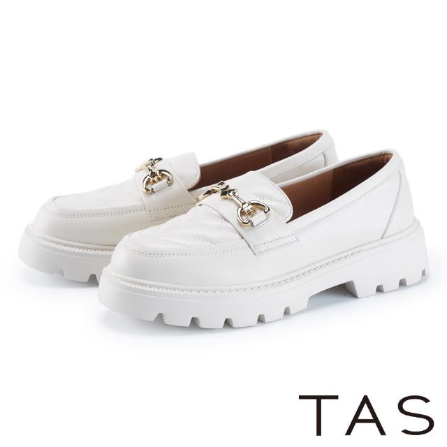 【TAS】真皮馬銜釦鋸齒厚底樂福鞋(米白)