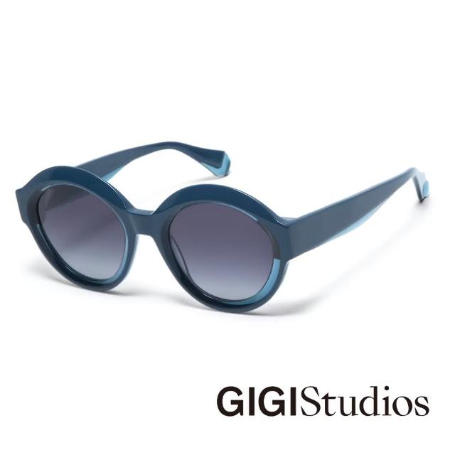 【GIGI Studios】西班牙設計 特色斜切粗圓框墨鏡(藍 - GLOW-6821/3)
