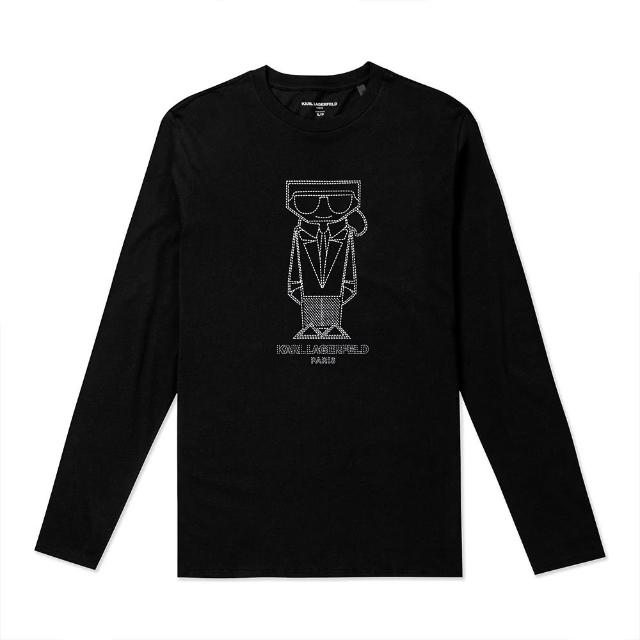 【KARL LAGERFELD 卡爾】老佛爺 經典印刷大Logo圖案長袖T恤 上衣-黑色(平輸品/舒適經典)