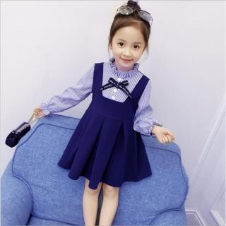 【Arbea】兒童藍色條紋長袖連衣裙(學院風)